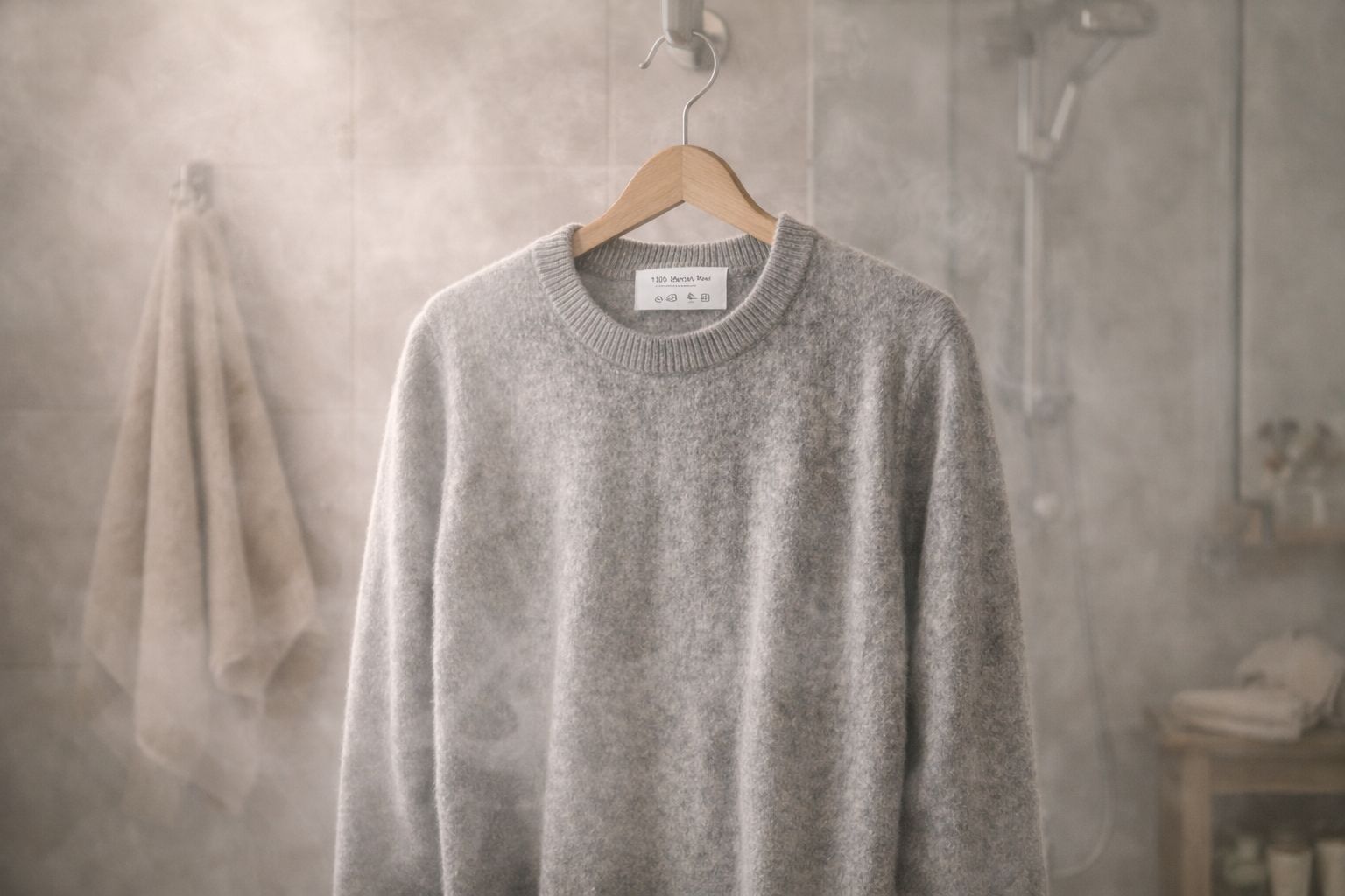 A grey wool sweater hanging in a bathroom filled with steam